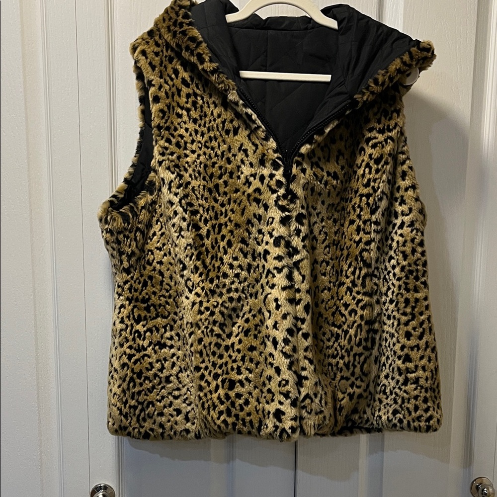 Leopard Print Faux Fur Vest with Hood